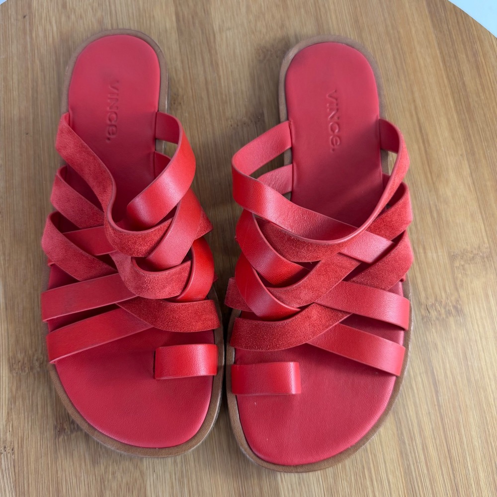 Vince Red Leather Suede Strappy Toe Loop Sandals Flat Slides USA 6M EUR 36